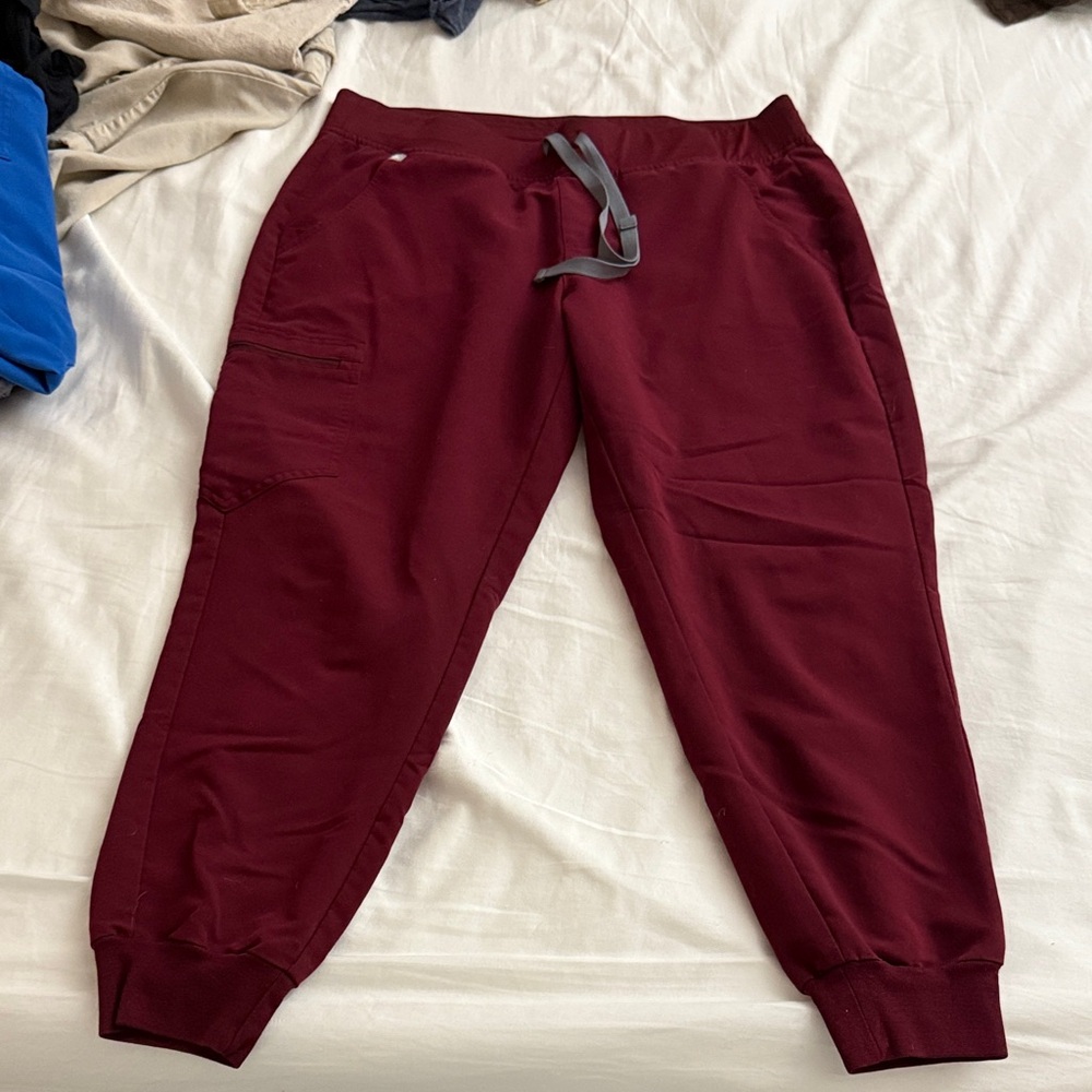 Figs Burgundy Scrub Jogger Pants with Gray Drawstring
